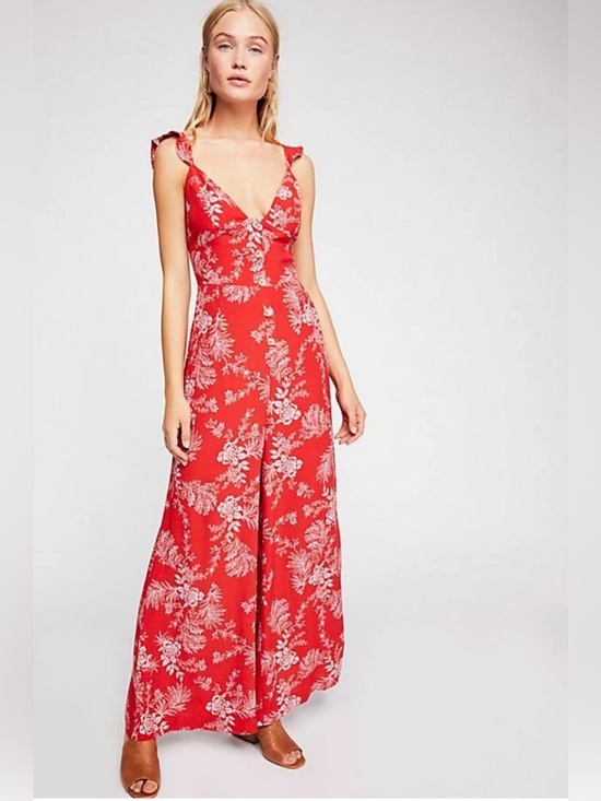 Free People Pants - Free People Red Floral Button-Front Wide-Leg Jumpsuit